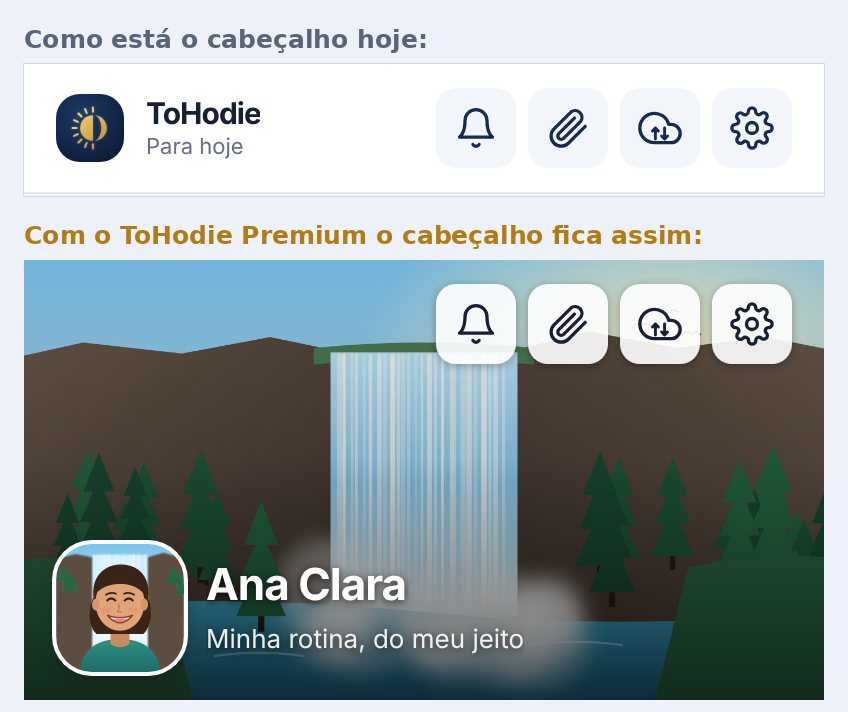 Exemplo de cabeçalho: em cima, como está o cabeçalho hoje, com o símbolo do ToHodie; embaixo, como fica com o ToHodie Premium, uma cachoeira como capa, a foto de uma pessoa sorrindo e o nome Ana Clara.